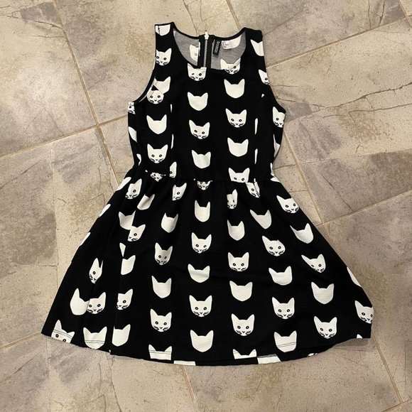 H&M Black Cat Print Mini Skater Dress - Size XS - Picture 3 of 3